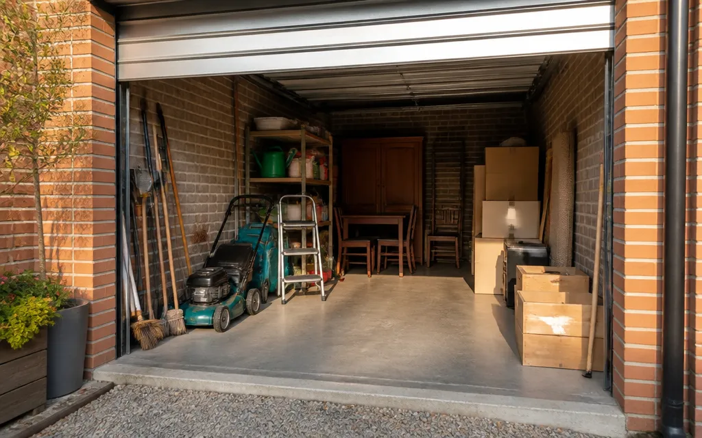 Garage encombré d’une maison de ville en brique toulousaine, pièce à vider avant travaux